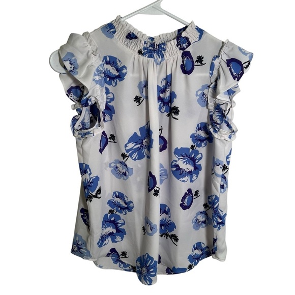 Loft Blouse White Blue Floral Smocked Neck Flutter Sleeve XSP - Picture 1 of 9